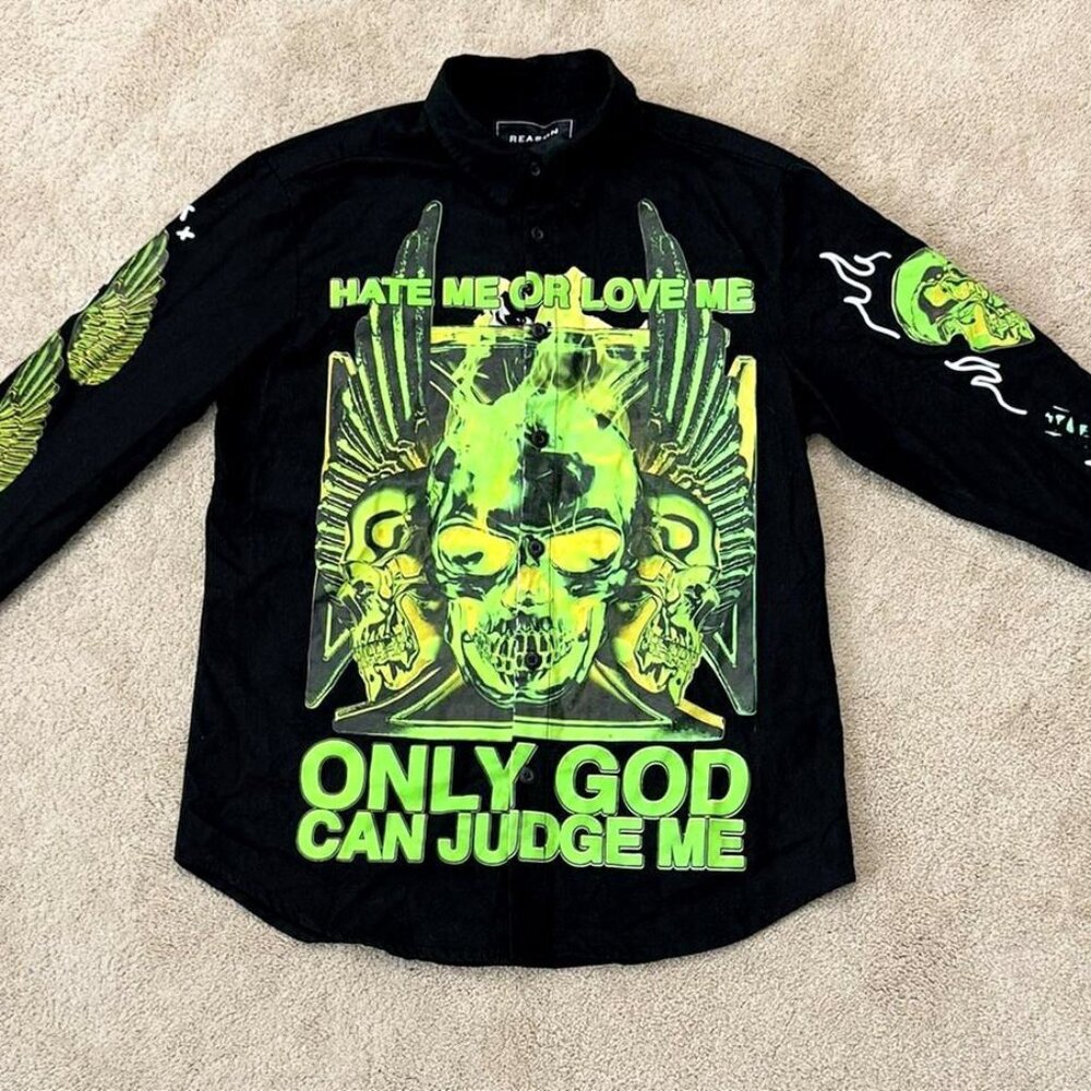 Reason Mens Black Only God Can Judge Me Long Sleeve Button Front Shirt Size XL